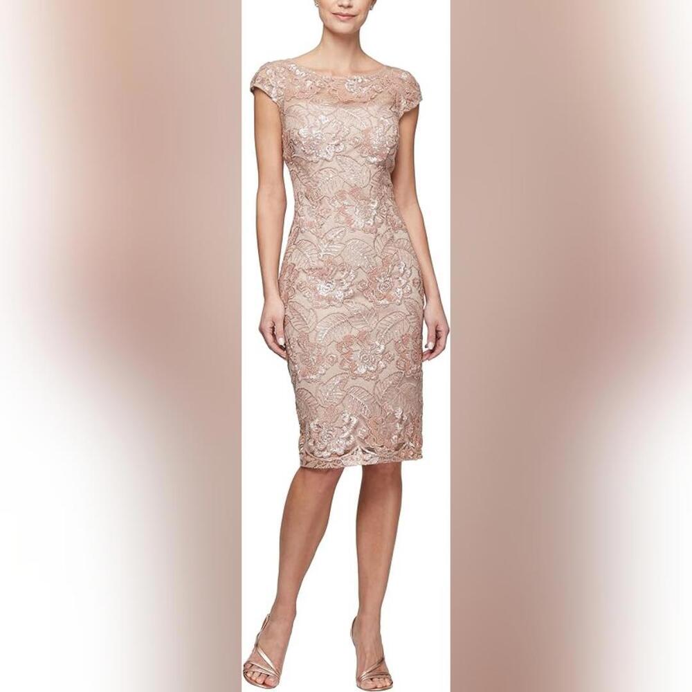 NWT Alex Evenings Short Knee Length Embroidered Cocktail Sheath Dress, 14